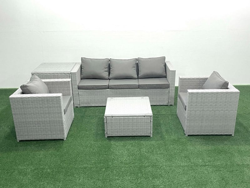 Fimous 5 Seater Rattan Garden Furniture Set with 3 Seater Sofa 2 Chair Square Coffee Table Side Table Light Grey Mixed