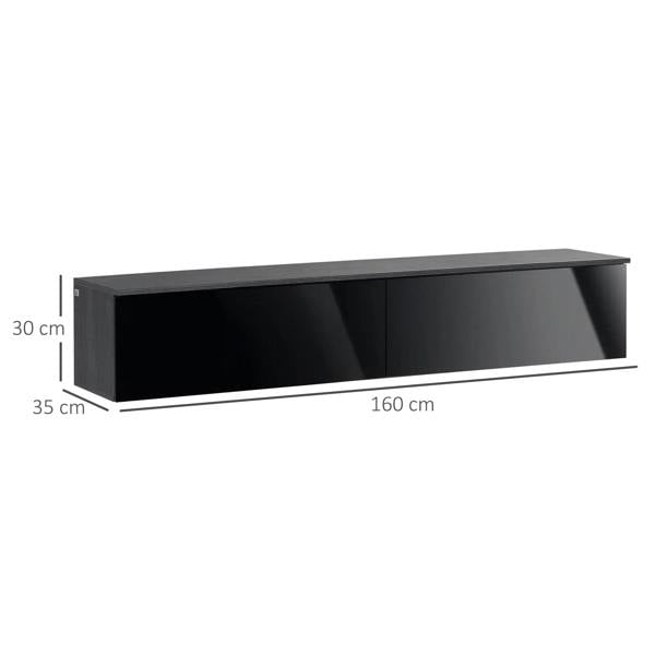 Glossy floating TV cabinet in dark grey and black, 160 cm long media unit