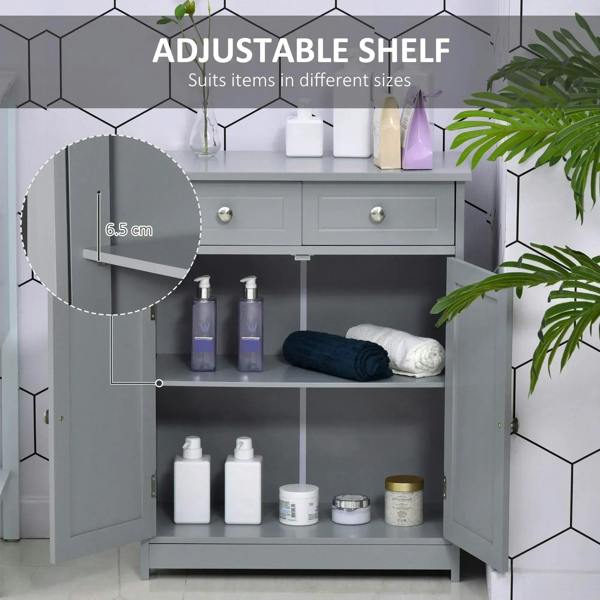Grey bathroom cabinet with open doors showing adjustable shelf and storage compartments