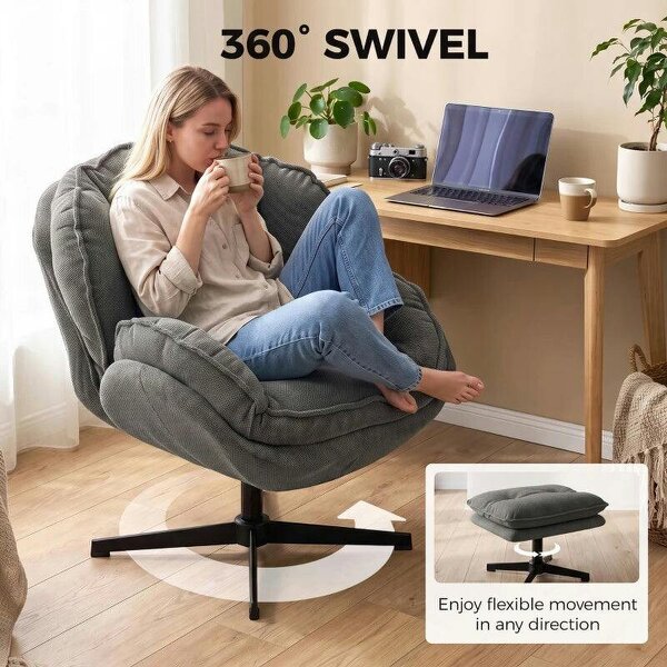 Armchair with Adjustable Footstool, 360-Degree Swivel Chenille Cloud Accent Chair with Thick Cushion, Steel Base, Grey