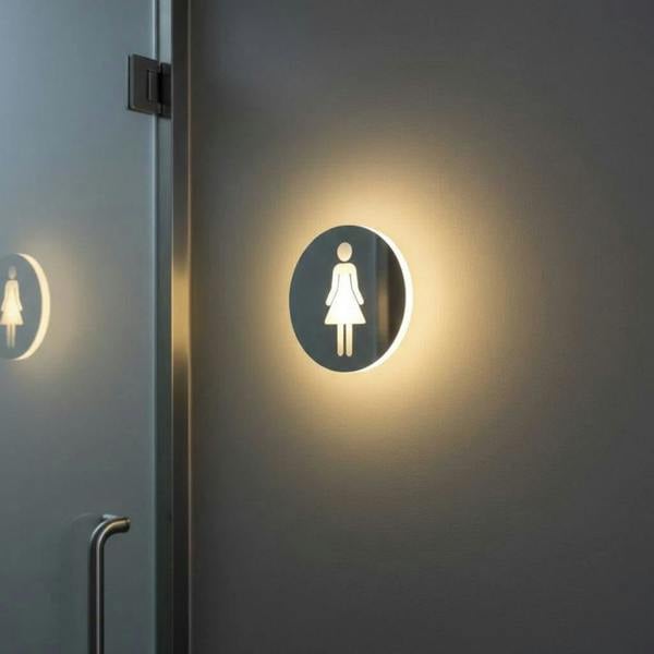 illuminated ladies toilet sign mounted on the wall next to the toilet entrance