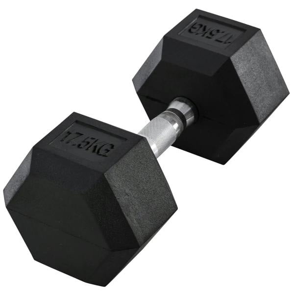 Black hex rubber dumbbell, knurled silver handle, 17.5kg end cap