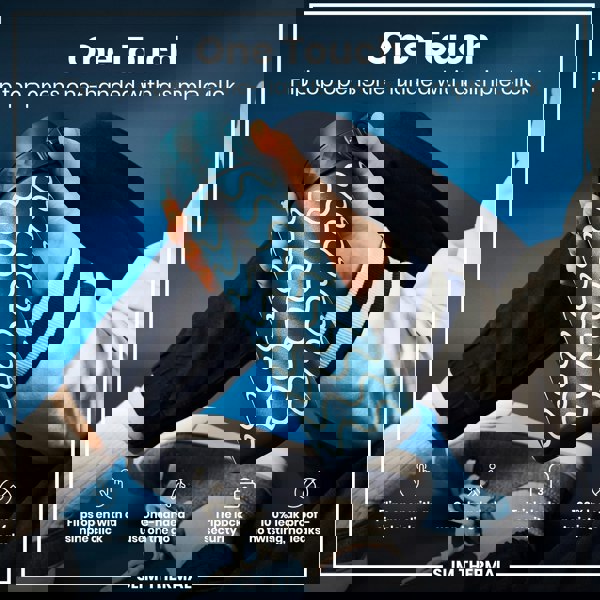 A teal water bottle with a wavy design is held; its flip top opens one-handed. The context is a person wearing casual clothes against a blue background. One Touch. Flip top opens one-handed with a simple click. Flips open with a simple click. One-handed use on the go. Triple lock security. 100% leak proof - no twisting, no leaks. SLIM THERMAL.