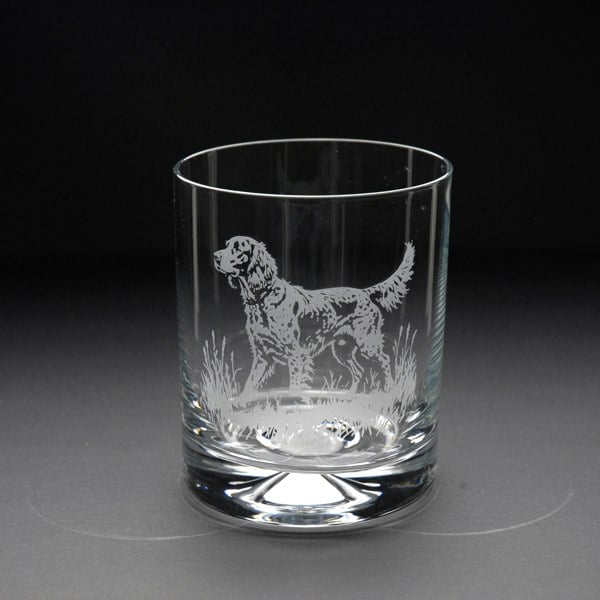 Glyptic Glass Art English Setter Dog Whiskey Tumbler Glass - Hand Etched/Engraved Gift