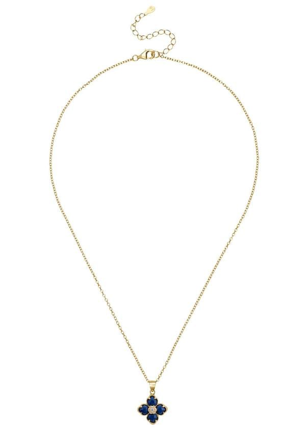 Gold necklace with a blue pendant on a white background