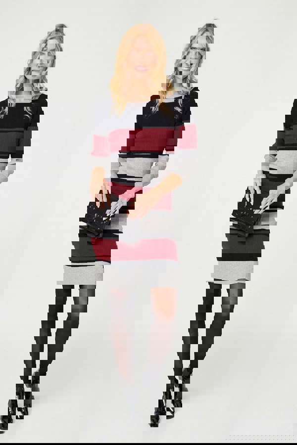 Red | Striped 3/4 Sleeve Knit Bodycon Short Dress
