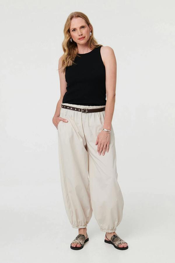 Beige | Belted Relaxed Wide Leg Barrel Trousers