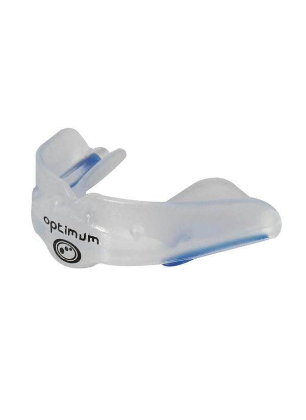 Clear Optimum Matrix mouthguard with blue accents and black logo, side view on white - Optimum
