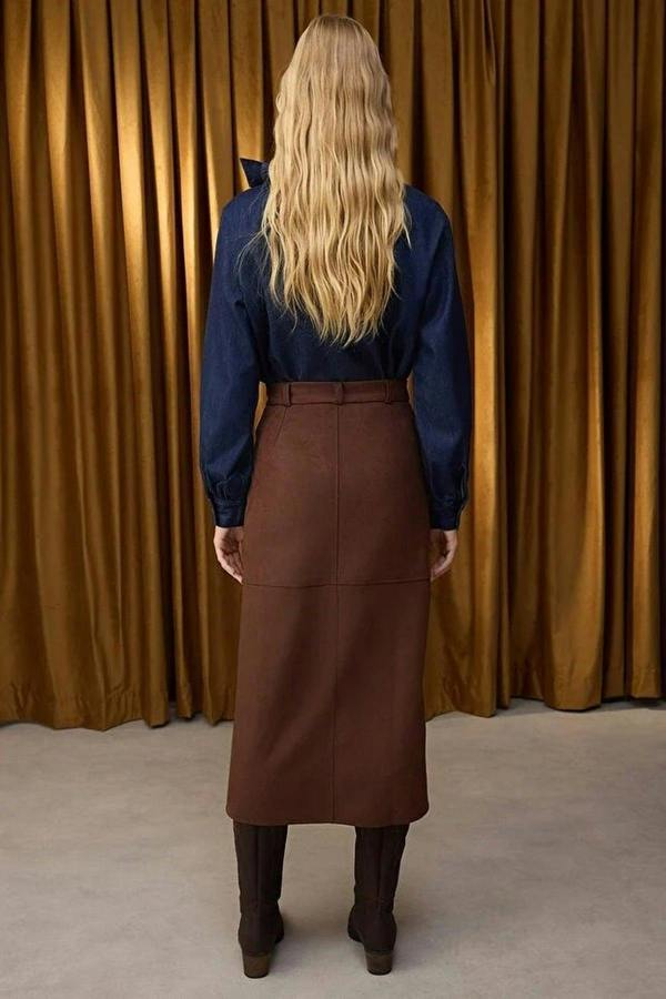 WOVCOR Suede A-line Maxi Knit Skirt with Button and Zipper