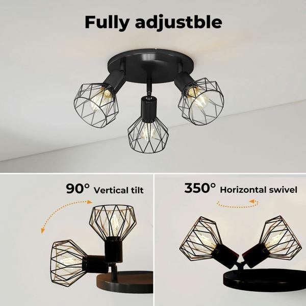 EMITTO 3-Way Spotlight Ceiling Light Adjustable Vintage Black E14 Metal Fixture