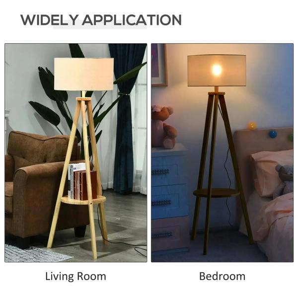 Tripod floor lamp with cream shade and wooden tripod frame, open shelf