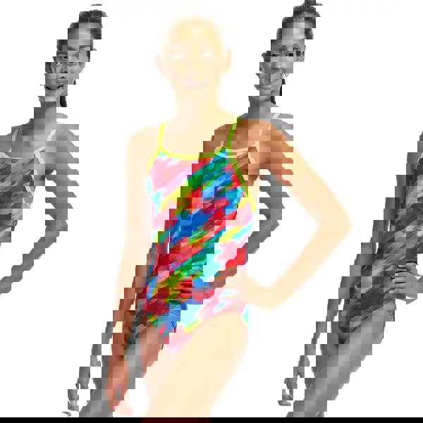 Funkita Girls Stroked Diamond Back swimsuit in multicolored abstract print with neon accents and bind shoulder straps