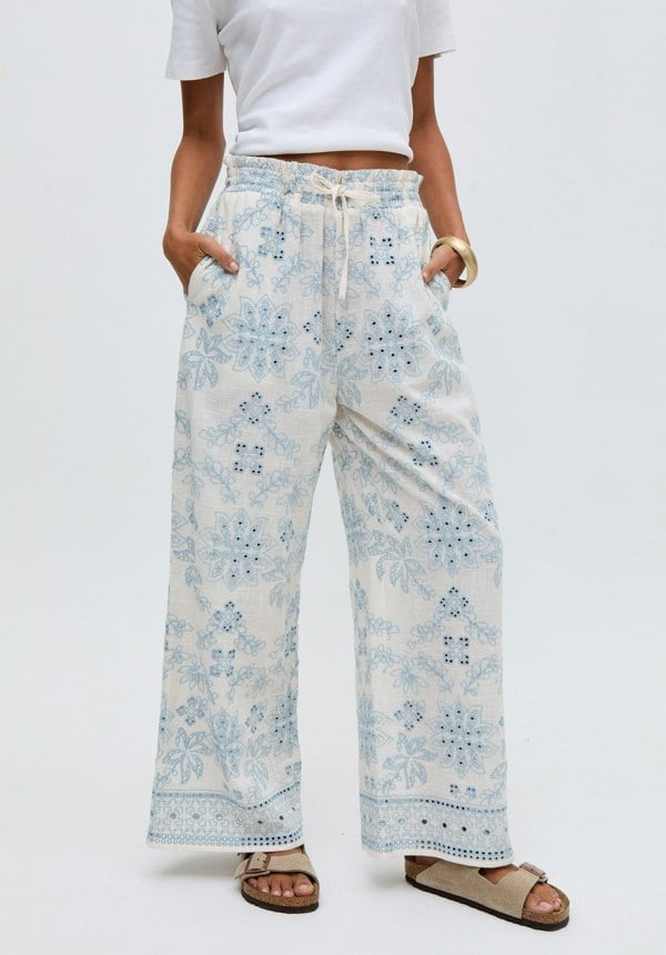 Cherice Wide leg All Over Embroidered Trouser In White