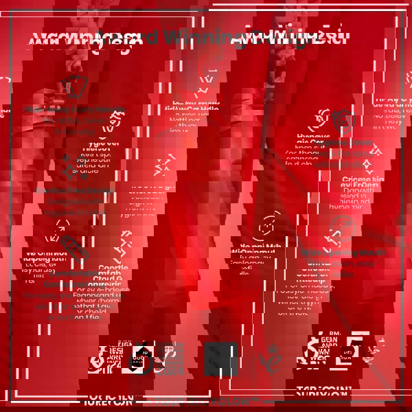 A red water bottle is being held against a red background. Features include a hide-away handle, a crevice-free design, and a wide opening mouth. The bottle is an award-winning design.