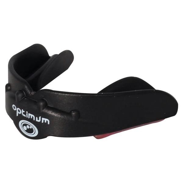 Black Optimum Matrix mouthguard with white logo and red base, side profile close-up on white - Optimum