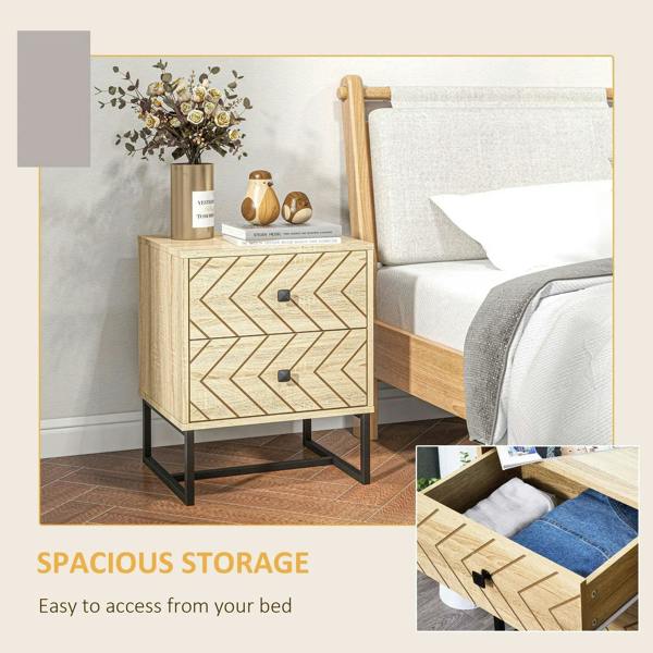 Natural wood bedside table with two drawers, zigzag fronts, black handles; steel frame