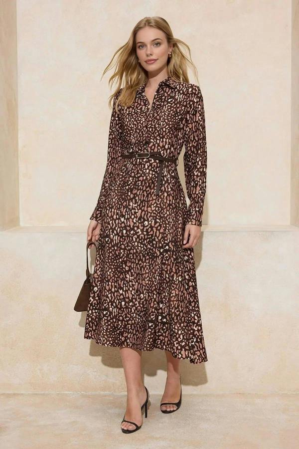 WOVCOR Animal Print Belted Midi Woven Shirt Dress