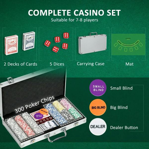 Casino poker set items shown: chips in case, dice, cards, mat, and dealer button
