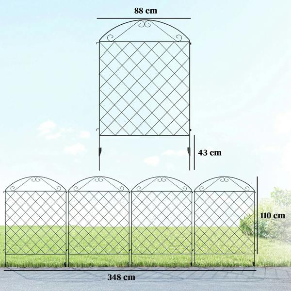 Black metal picket fence panels with arched tops and diamond mesh, size diagram shown