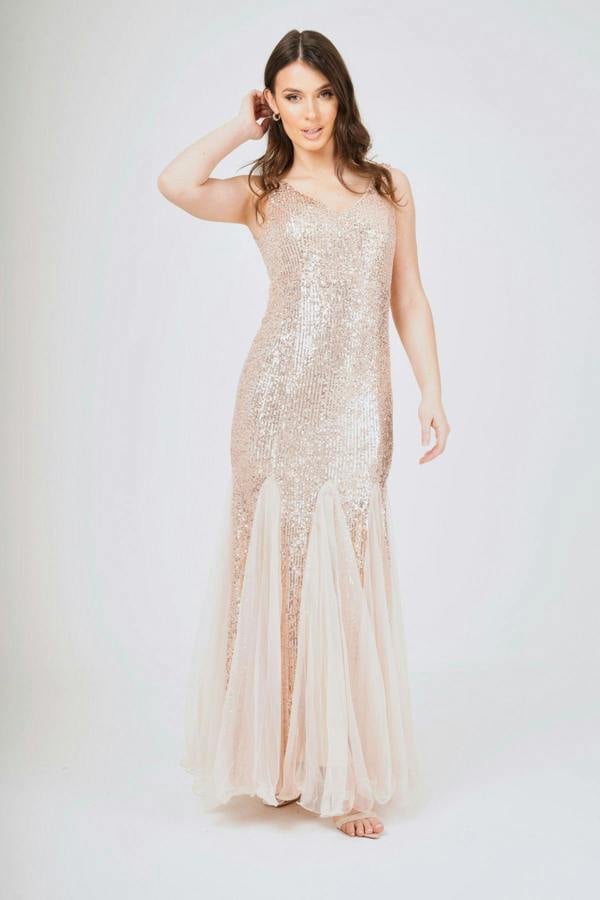LuvForever Sequin Mesh Insert Maxi Dress - Champagne