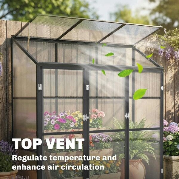 6 x 1.5ft Polycarbonate Greenhouse, Quick Setup, Lean-to Green House with 3 Hinged Doors, Top Vent, Black