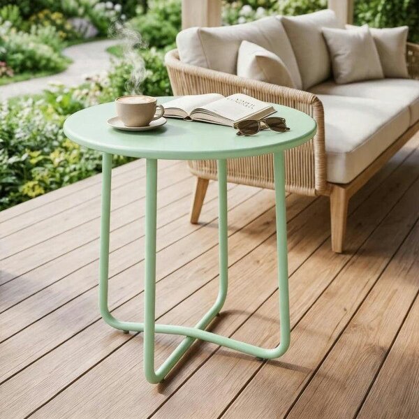 48 cm Round Garden Side Table, Small Metal Outdoor Garden Table with Rolled Edge, Green - Green