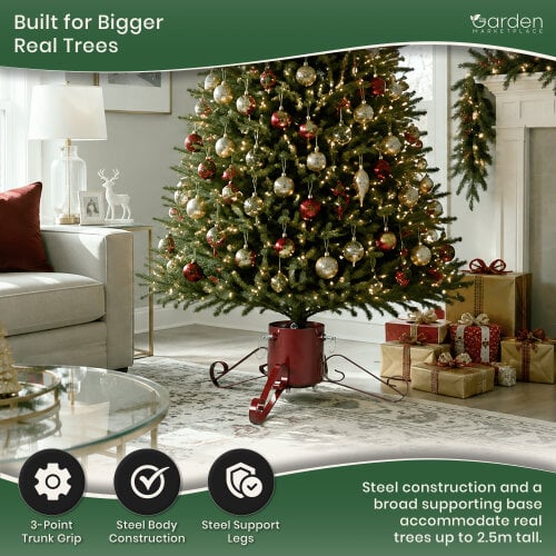 Large Metal Christmas Tree Stand, Glittery Red Finish, Water Reservoir Base for Real Trees up to 2.5m