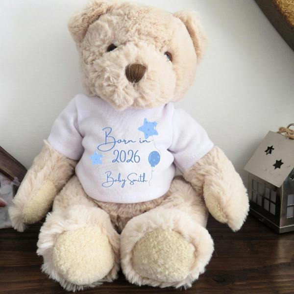 Personalised Teddy Bear, Born in 2026 Balue Balloons, Baby Boy Keepsake, New Baby Gift