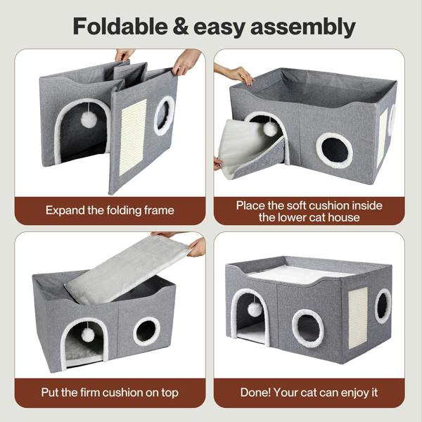 Skylos Cat House 2-Layer Large Soft Cave Cube Fluffy Ball Grey Scratching Board