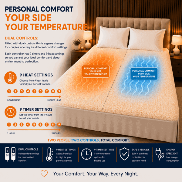 Sweet Dreams King Size Electric Heated Blanket Mattress Soft Fleece Throw 9 Heat And 9 Timer Settings Dual Controller Washable