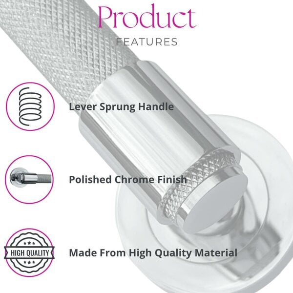 EDH Door Hardware Polished Chrome Knurled Door Handles on Round Rose – Modern Internal Lever Handle