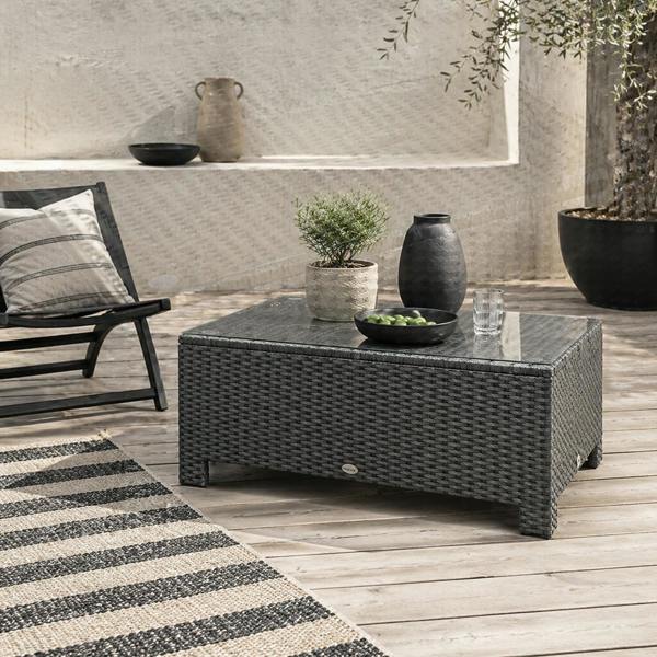 Wyld Haus Niyo Black Rattan Rectangular Outdoor Coffee Table With Tempered Glass Top
