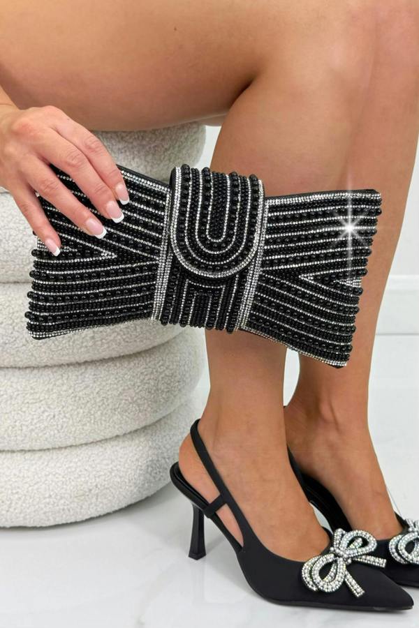 Sparkly Pearl Bow Clutch Bag Black, drawing attention to luxe satin base with hand-embellished beading