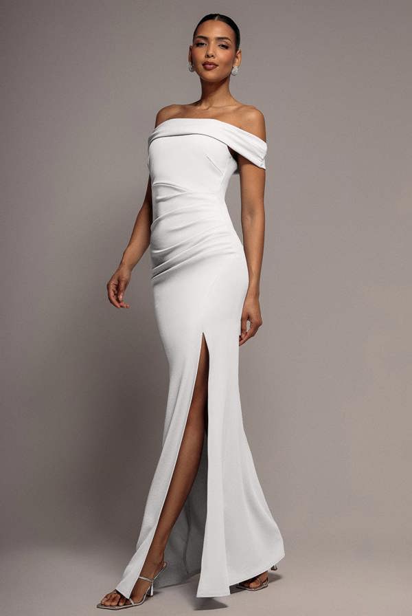 Off The Shoulder Maxi Dress With Split - White DR1878