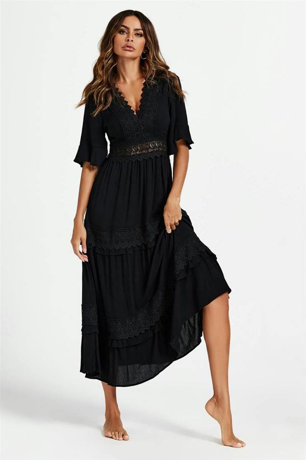 FS Collection V Neck Lace Detail Midi Dress In Black