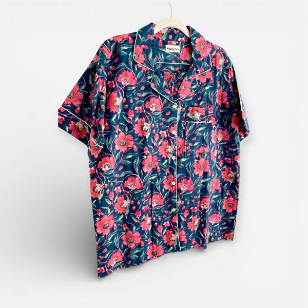 Hayley & Co Navy and Pink Block Print Floral 100% Cotton Short Pyjama Set