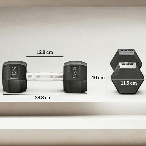 Pair of black hex rubber dumbbells with 6 kg weights and size measurement labels