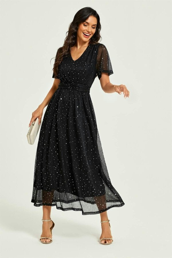 FS Collection Silver Sequin Pleated Ruched Waist Midi Dress Black