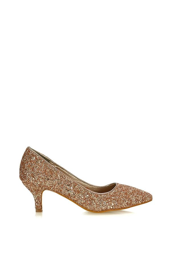 XY LONDON Pointed Toe Mid Stiletto Kitten Heel Court Shoes - Gold