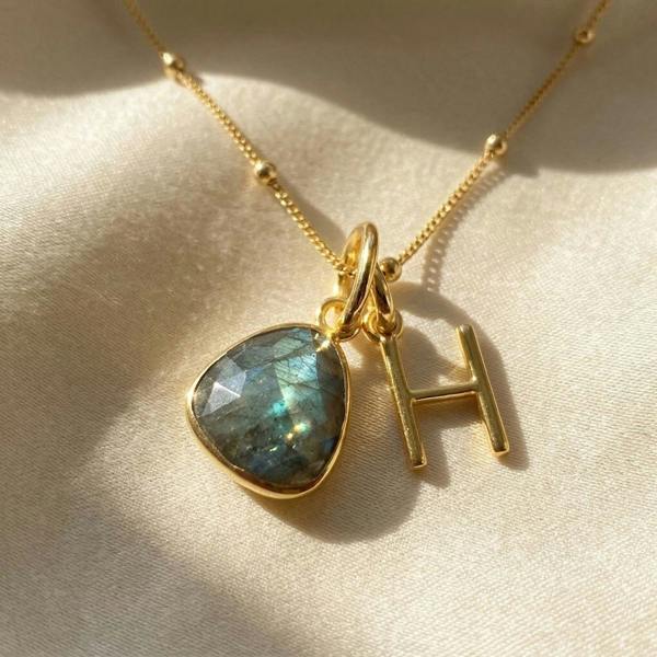 Harfi 18ct Gold Vermeil Plated Labradorite Initial Necklace
