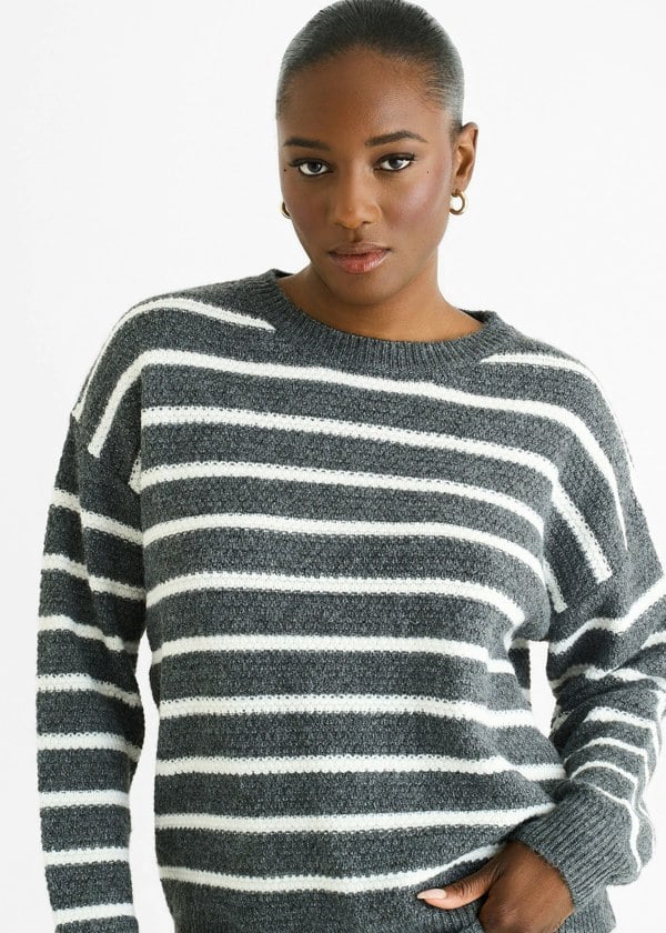 Gini London Grey Stripe Chunky Knit Oversized Jumper