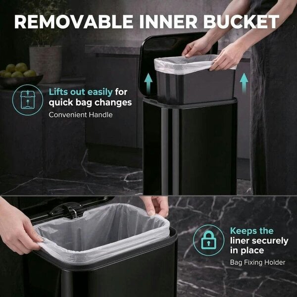 50 L Kitchen Pedal Bin, Metal Rubbish Bin with Removable Inner Bucket, Soft-Close & Stay-Open Lid, High Gloss Black