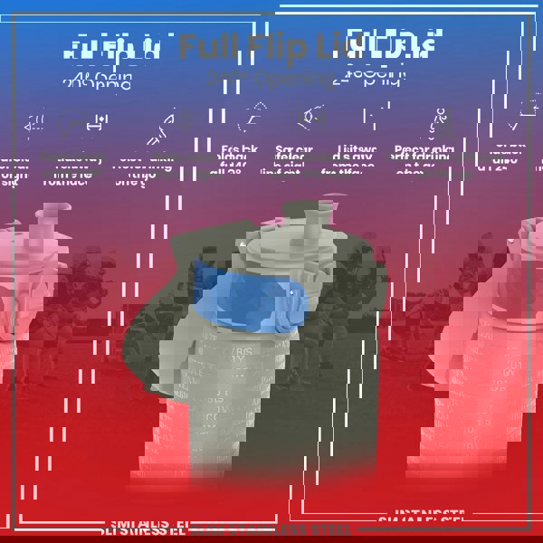 A stainless steel water bottle with a 240° flip lid is shown; the lid folds back completely for easy drinking while on the go, providing a clear line of sight. The bottle features the words "America's Team" and "Cowboys" embossed on its side.