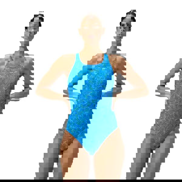 Speedo Hyperboom Medalist allover print swimsuit in blue green leaf pattern