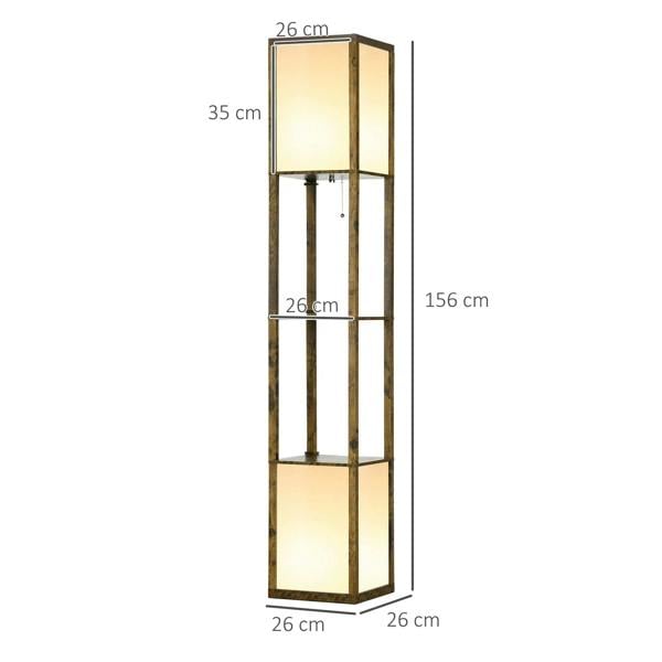 Brown tall shelf floor lamp with dual rectangular shades; side view with size