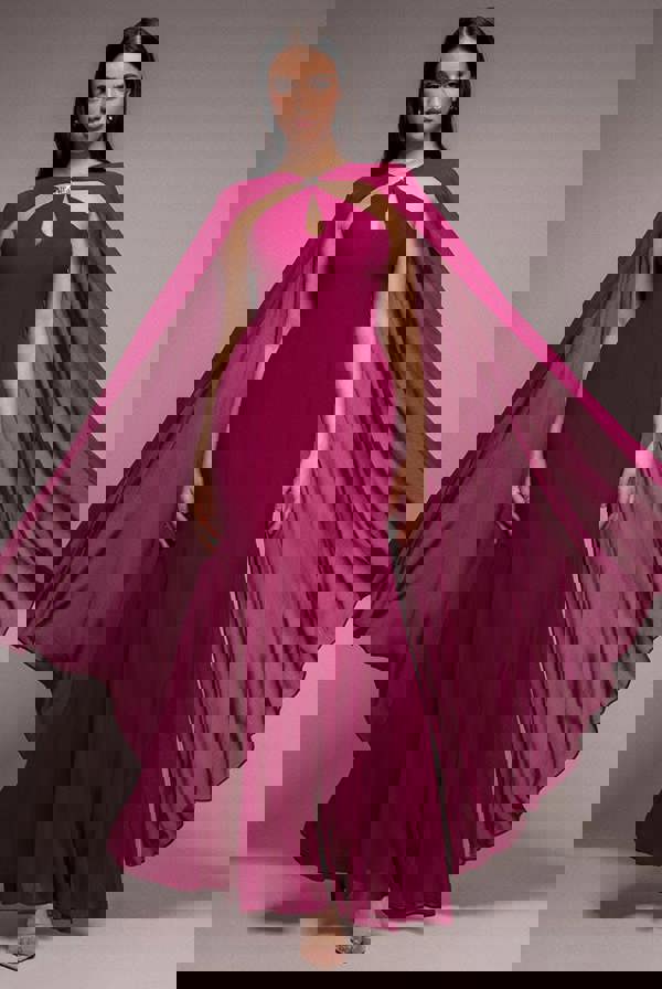 Multiway Cape Chiffon With Embellished Trim Maxi Dress - Magenta DR4924