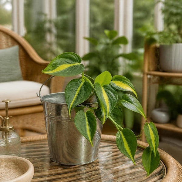 Philodendron Scandens - Heartleaf Trailing Plant in 12cm Pot - Galvanised Pail - 1