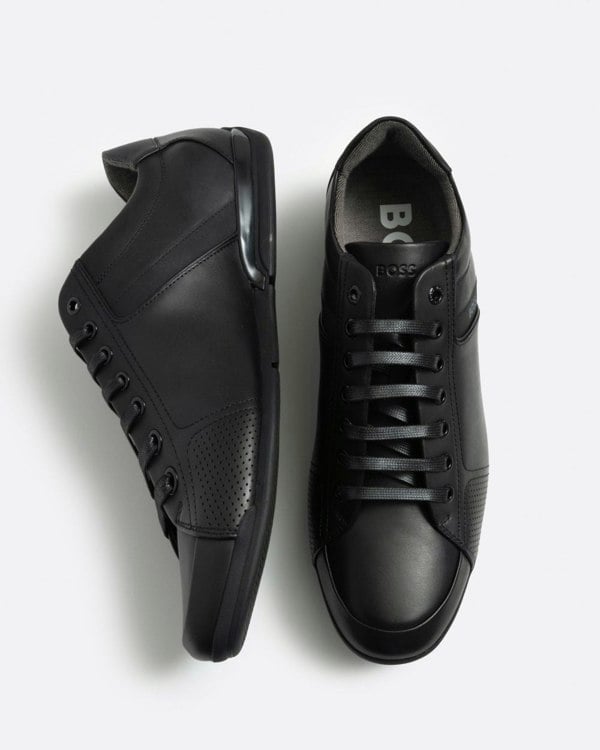BOSS Orange Saturn Mens Low Profile Leather Trainers With Odour-Control Lining NOS - Black 001