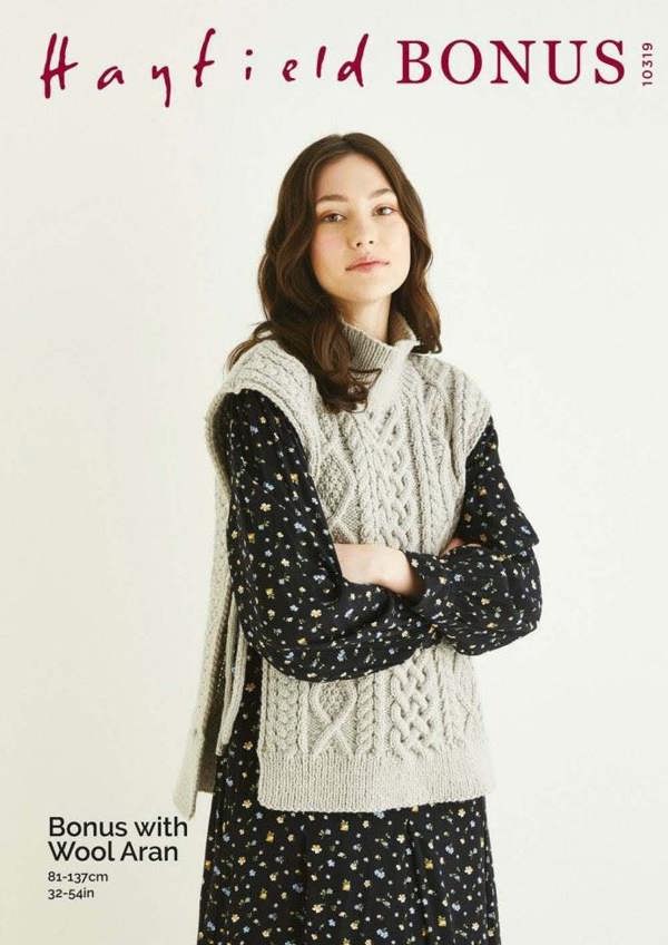 Hayfield Bonus Aran with Wool Knitting Pattern 10319, Slipovers for Women, 32 - 54 Inches