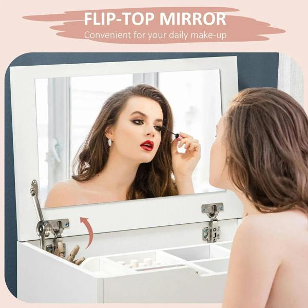 White flip-top mirror vanity cabinet with open compartments and hinged mirror